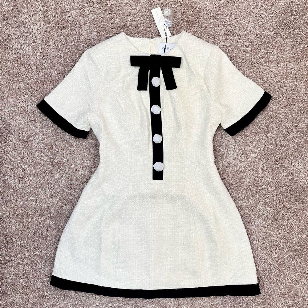 Classic Ivory Mini Dress with Black Trim and Bow